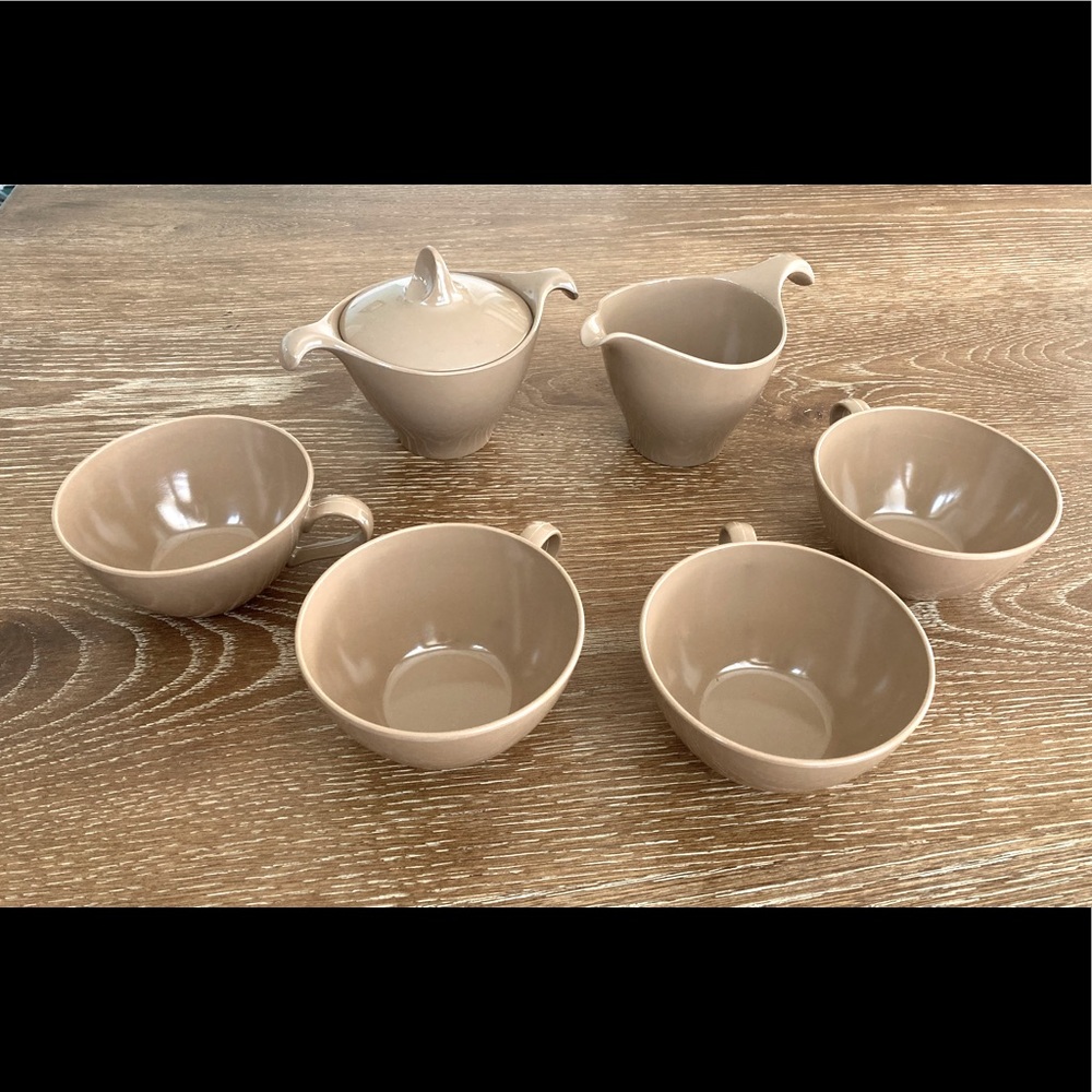 7 Piece MCM Brown Lenotex Creamer, Sugar and Coffee Cups Set
